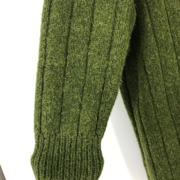 Vintage green knit wool long button up jacket removable black faux fur collar - Picture 10 of 13